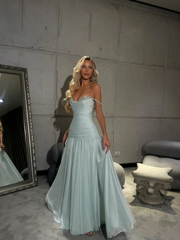 Niulatu Spaghetti Strap A-Line Tiffany Blue Long Prom Dresses Chiffon Sleeveless Formal Dresses Tiffany Blue Evening Dresses HZ1026
